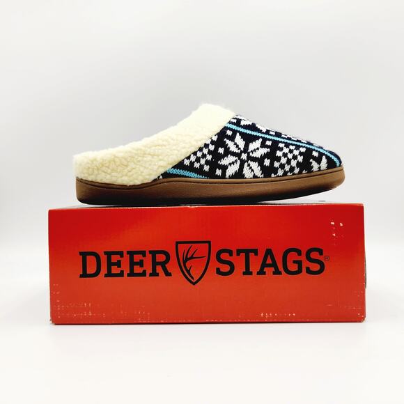 Deer Stags Men's Blue Fair Isle Knit Faux Fur Lodge Slipper Size L / 11-12 - Picture 3 of 8